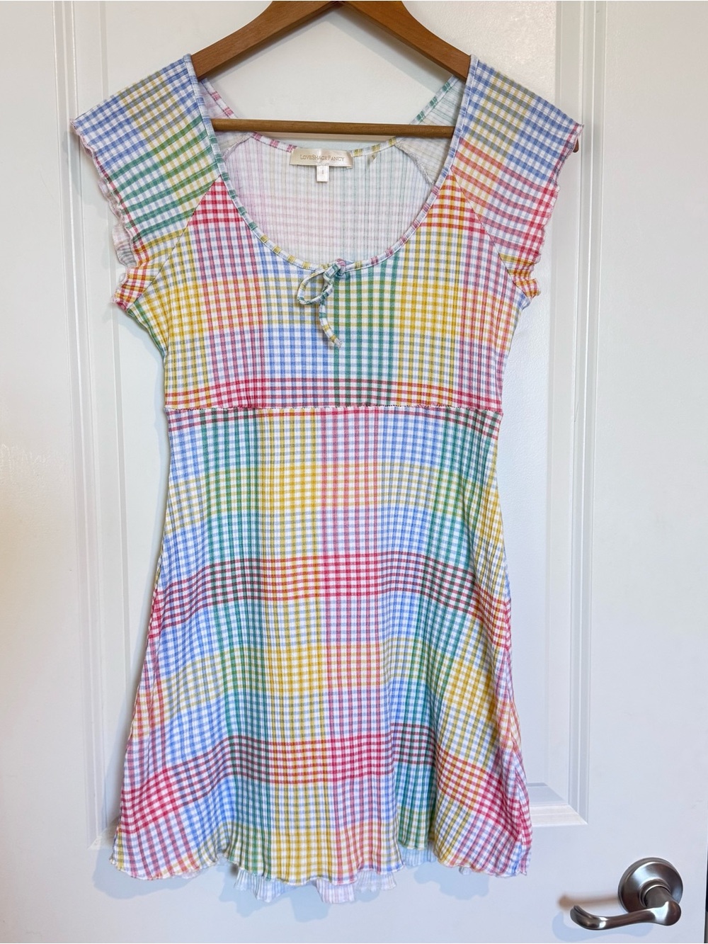 Revolve LoveShackFancy Zoie Printed Mini Dress Rainbow Gingham Babydoll Sz Small - Picture 2 of 9